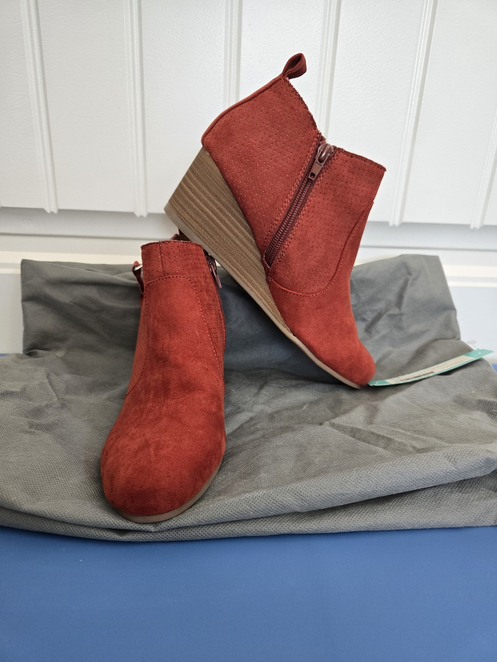 Burnt Orange Suede Wedge Ankle Booties with Side Zip